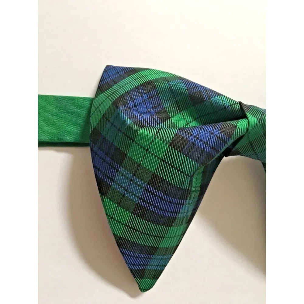 NEW Handmade Tartan Plaid Vintage style Bow tie 70`s‎ Green Blue Pre-tied